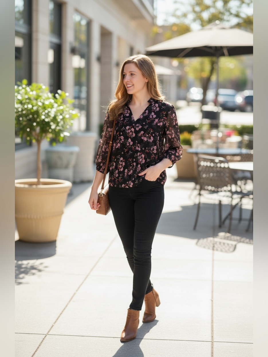 Cece Black Sheer Blouse With Pink Floral Print